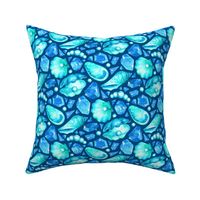 Mermaid's Ocean Bed Treasures - blue and green on dark teal blue