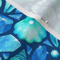 Mermaid's Ocean Bed Treasures - blue and green on dark teal blue