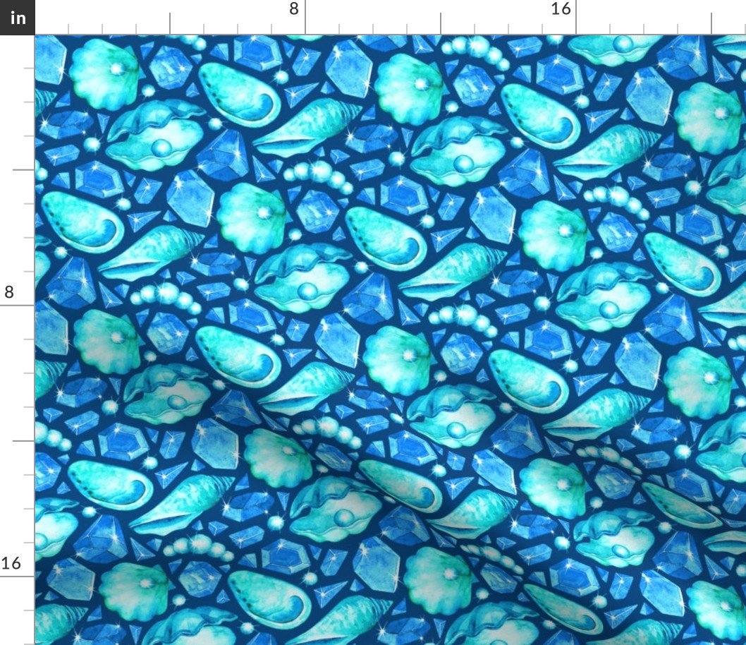 Mermaid's Ocean Bed Treasures - blue and green on dark teal blue