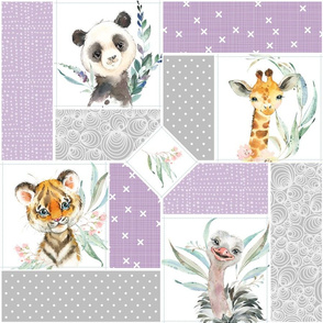 Animal Kingdom Floral Blanket Quilt – Girls Jungle Safari Animals Blanket, Patchwork Quilt P2, thistle + gray