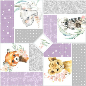 Animal Kingdom Floral Blanket Quilt – Girls Jungle Safari Animals Blanket, Patchwork Quilt P2 rotated, thistle + gray