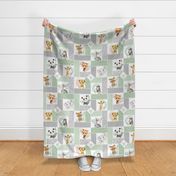 Animal Kingdom Floral Blanket Quilt – Girls Jungle Safari Animals Blanket, Patchwork Quilt M2, parsley + gray