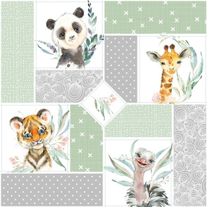 Animal Kingdom Floral Blanket Quilt – Girls Jungle Safari Animals Blanket, Patchwork Quilt M2, parsley + gray