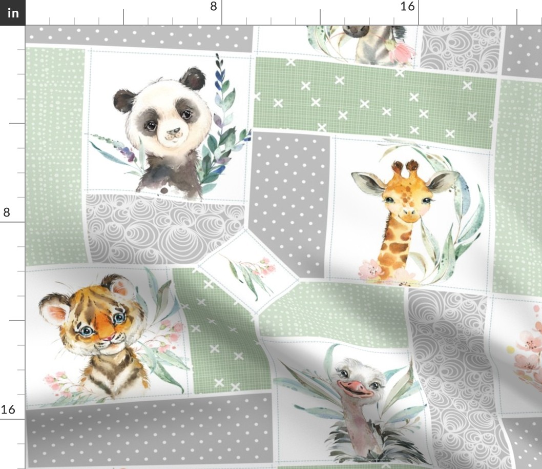 Animal Kingdom Floral Blanket Quilt – Girls Jungle Safari Animals Blanket, Patchwork Quilt M2, parsley + gray