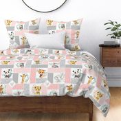 Animal Kingdom Floral Blanket Quilt – Girls Jungle Safari Animals Blanket, Patchwork Quilt K2, pink + gray