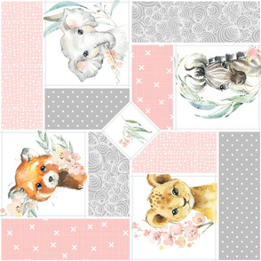 Animal Kingdom Floral Blanket Quilt – Girls Jungle Safari Animals Blanket, Patchwork Quilt K2 rotated, pink + gray