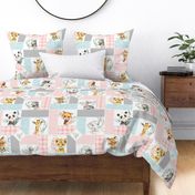 Animal Kingdom Floral Blanket Quilt – Girls Jungle Safari Animals Blanket, Patchwork Quilt J2, pink blue + gray