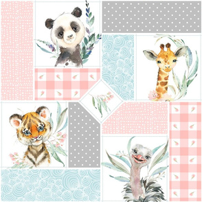 Animal Kingdom Floral Blanket Quilt – Girls Jungle Safari Animals Blanket, Patchwork Quilt J2, pink blue + gray