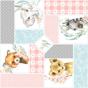 Animal Kingdom Floral Blanket Quilt – Girls Jungle Safari Animals Blanket, Patchwork Quilt J2 rotated, pink blue + gray