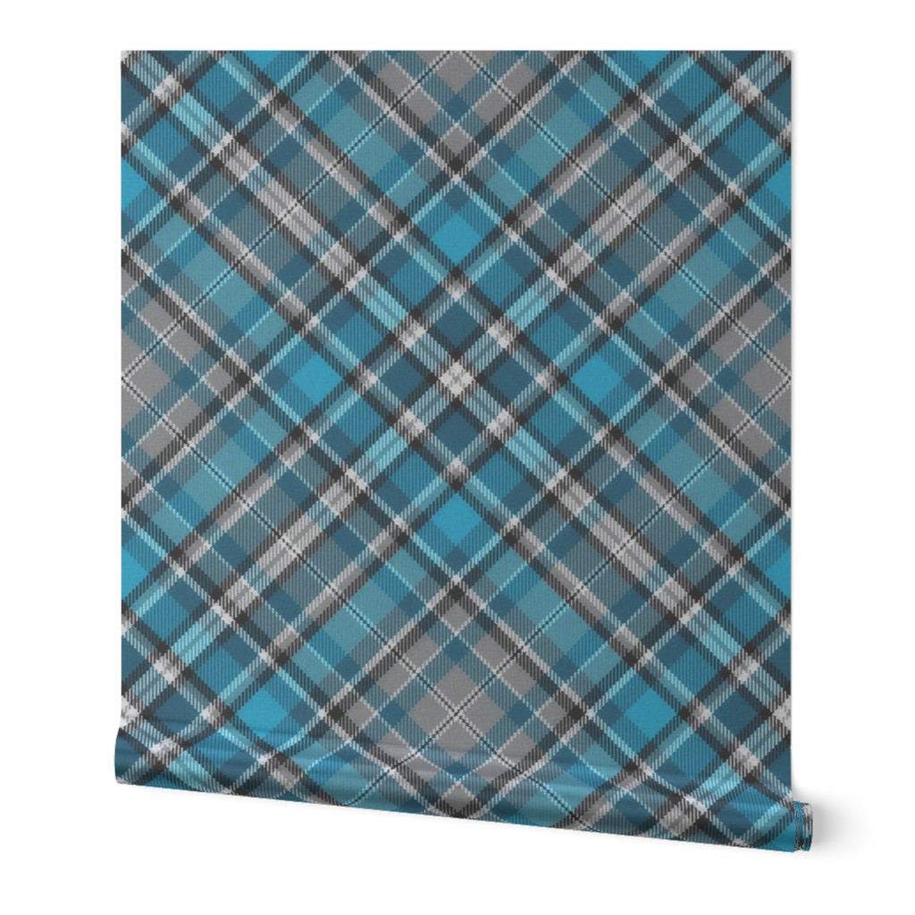 Shimmering Aquamarine Teal and Gray Plaid 45 degree angle