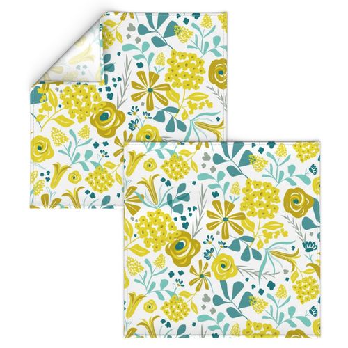 Darcy - Retro Floral - Mustard Yellow & Teal Large Scale