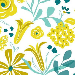 Darcy - Retro Floral - Mustard Yellow & Teal Large Scale