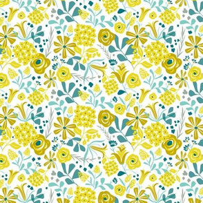 Darcy - Retro Floral - Mustard Yellow & Teal Small Scale