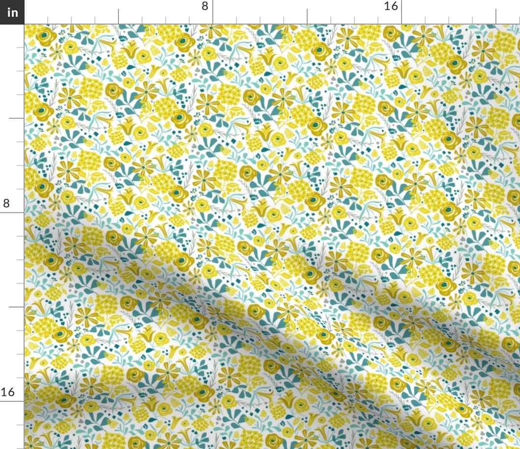 Darcy - Retro Floral - Mustard Yellow & Teal Small Scale