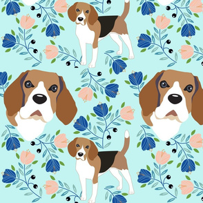 Beagle dog and tulip flowers mint blue brown dog fabric