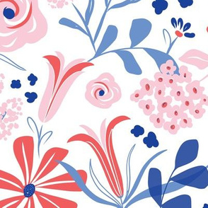 Darcy - Retro Floral - Pink Red & Blue Large Scale