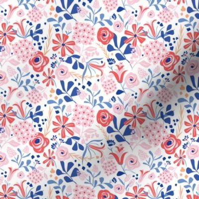 Darcy - Retro Floral - Pink Red & Blue Small Scale