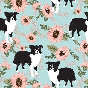 Black Border Collie dog pink floral mint green - dog fabric