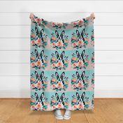 boston terrier dogs teal background peach roses