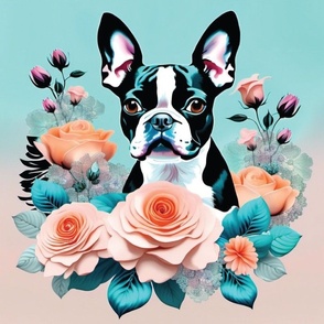 boston terrier dogs teal background peach roses