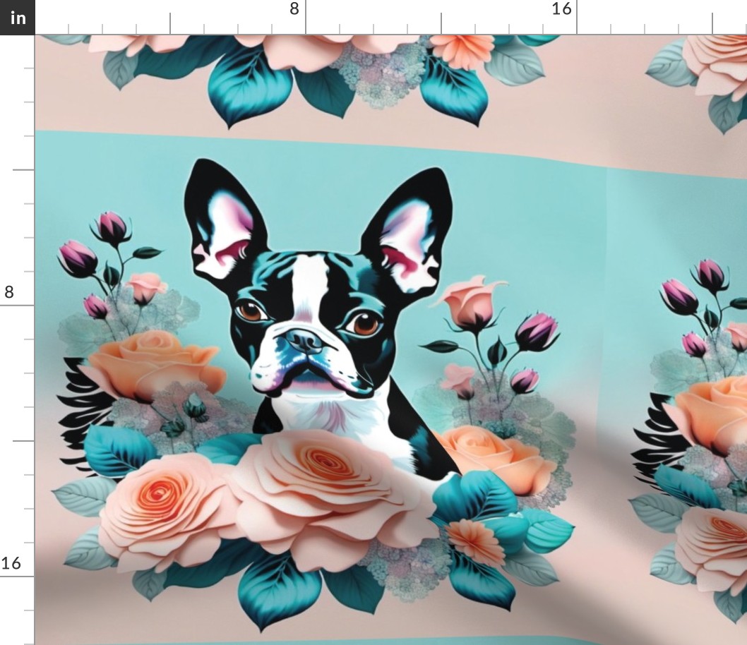 boston terrier dogs teal background peach roses