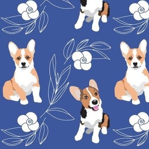 Cute Corgi puppies blue white flowers Dog fabric