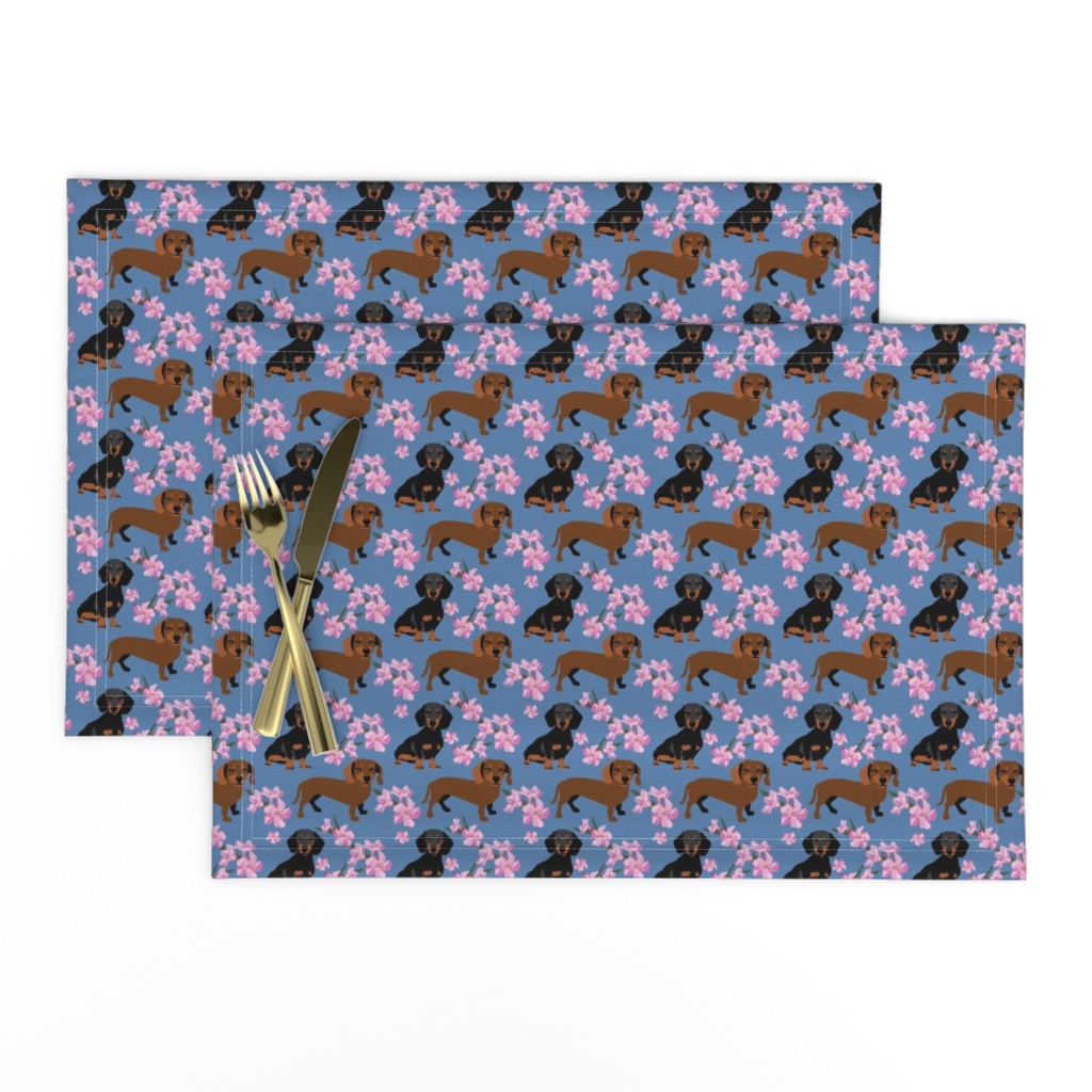 Dachshund Dog with pink flowers on blue small print - dog fabric