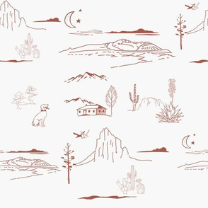 Earth Tone Terracotta Colorado Desert Toile de Jouy print with Scenic Mountains 