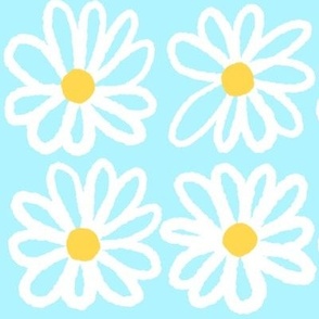 Jumbo scale Fresh aqua white and yellow hand drawn daisies with bumpy lines on turquoise blue background, grid Setting for home decor, kids apparel and Easter and spring ceafts