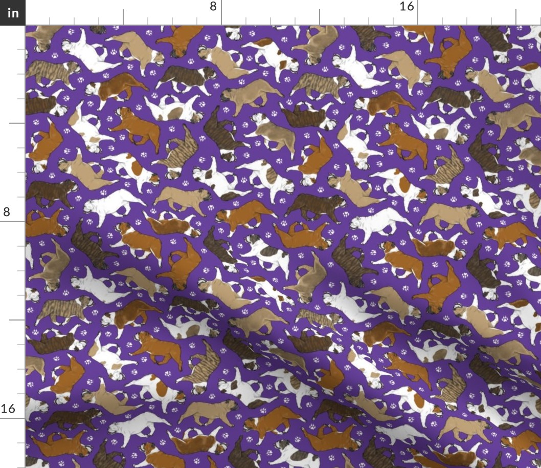 Tiny Trotting Bulldogs and paw prints - purple