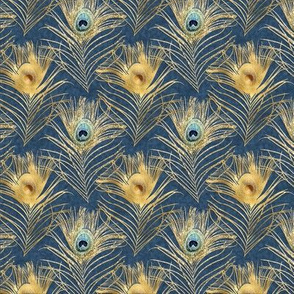 Gold Peacock Feathers on Blue