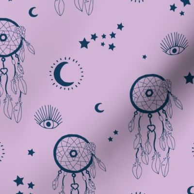 Sweet dreams and boho moon starry night nursery navy blue on lilac witches purple