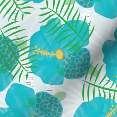 Tropical Hibiscus, Palm Leaf and Turtle Print in Blue, Green and White Blue Floral Wallpaper