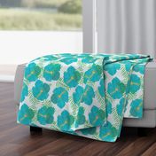 Tropical Hibiscus, Palm Leaf and Turtle Print in Blue, Green and White Blue Floral Wallpaper