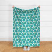 Tropical Hibiscus, Palm Leaf and Turtle Print in Blue, Green and White Blue Floral Wallpaper