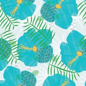 Tropical Hibiscus, Palm Leaf and Turtle Print in Blue, Green and White Blue Floral Wallpaper