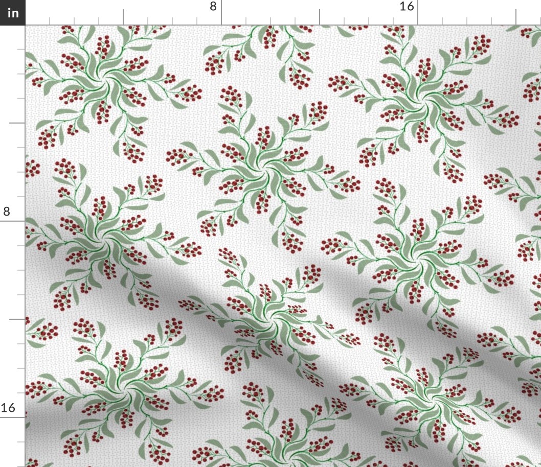 Rustic Christmas Berries and Leaves on Vintage Texture in White
