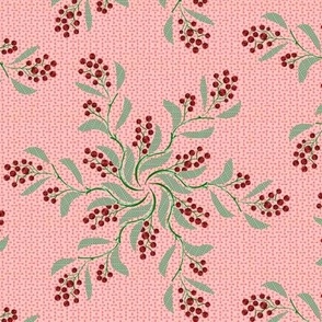 Rustic Christmas Berries and Leaves on Vintage Texture in Pink