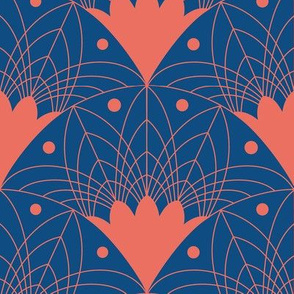 Art Deco Fans in Coral and Blue - Medium