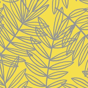 Tropical Palm Fronds in Grey on Yellow - Large