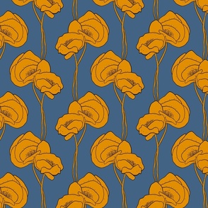Bold Mustard Peonies Blue (Large Scale)