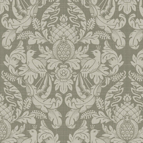 Textured Damask Birds & Leaves in Neutral gray