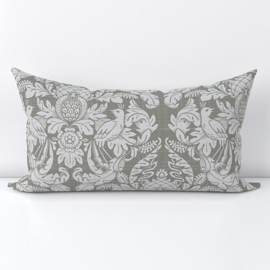 Textured Damask Birds & Leaves in High Contrast Silver