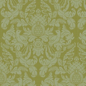 Textured Damask Birds & Leaves in Verdant Green