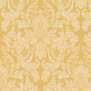 Textured Damask Birds & Leaves in Buttercup Yellow