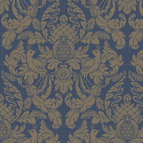 Textured Damask Birds & Leaves in Classic Navy and Taupe