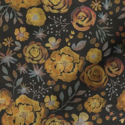 Watercolour Earthy Florals Flowers Mustard Yellow and Gray Charcoal