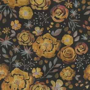 Watercolour Earthy Florals Flowers Mustard Yellow and Gray Charcoal