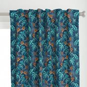 ★ SPOOKY JUNGLE ★ Spiders and Spiderwebs + Monstera, Banana Leaves and Tropical flowers / Blue + Orange - Small Scale / Collection : Welcome to the Jungle – Wild Tropical Prints