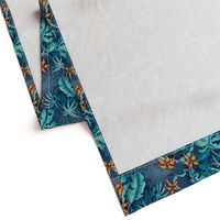 ★ SPOOKY JUNGLE ★ Spiders and Spiderwebs + Monstera, Banana Leaves and Tropical flowers / Blue + Orange - Small Scale / Collection : Welcome to the Jungle – Wild Tropical Prints